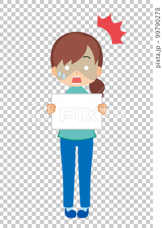 メッセージボードを持って驚いている可愛い若い女性のイラスト　白背景　ベクター　全身　人物 99790278
