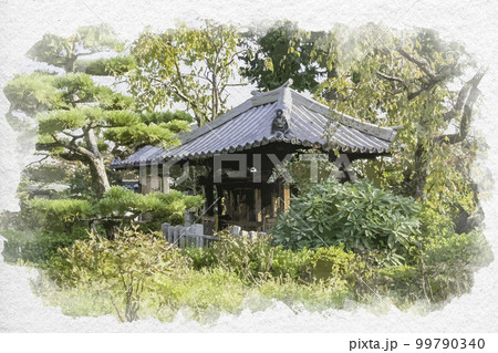 水彩画風　石光寺　中将姫　染の井　奈良県葛城市 99790340