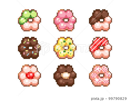 Pixel art flower shaped donuts. Japanese Ube Mochi in vintage 8 bit mosaic style for stickers, icons, logo, and decorative elements. Vector video game set of sweet dessert food. Pixel art flower shaped donuts. Japanese Ube Mochi in vintage 8 bit mosaic style for stickers, icons, logo, and decorative elements. Vector video game set of sweet dessert food. 99790829