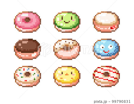 8 bit pixel donuts set. Vector retro video game collection of colorful donut icons in 8bit gamer style. Chocolate and creamy sweet cakes for food stickers, labels, decorations, logo and more. 99790831