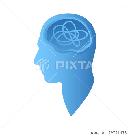 Silhouette of human head with tangled line inside, like brain. Concept of chaotic thought process, confusion, personality disorder and depression. Vector illustration. Silhouette of human head with tangled line inside, like brain. Concept of chaotic thought process, confusion, personality disorder and depression. Vector illustration. 99791438