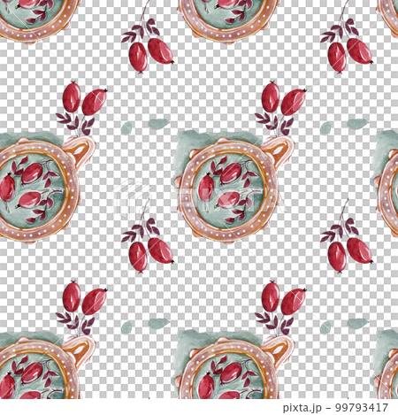 Watercolor drawing of a ripe rosehip and a drink in a mug. Seamless watercolor pattern for textile design, wallpaper and kitchen decor 99793417