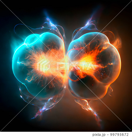 Subatomic particle collision illustration. Nuclear fusion concept. Generative AI Subatomic particle collision illustration. Nuclear fusion concept. Generative AI 99793672