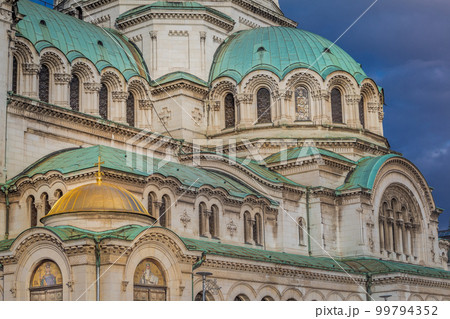 Alexander Nevski cathedral square in Sofia at dramatic autumn sunset, Bulgaria 99794352