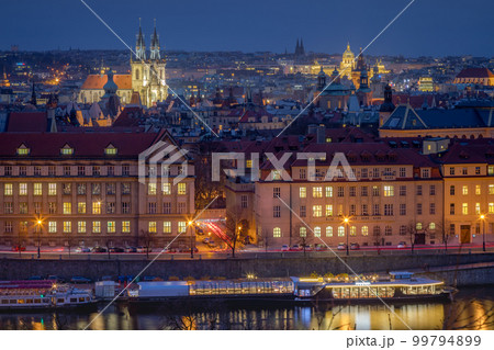Panoramic view over the cityscape of Prague at dramatic dusk, Czech Republic 99794899