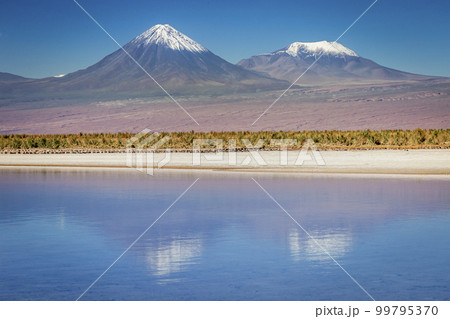 Licancabur with reflection lake and volcanic landscape at Sunset, Atacama, Chile Licancabur with reflection lake and volcanic landscape at Sunset, Atacama, Chile 99795370