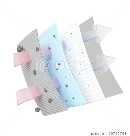 3d air filter layer and ventilate shows, dust filter layer for face mask, air purifier, prevents vapors and odors from chemicals, virus, isolated. 3d render illustration 99795743