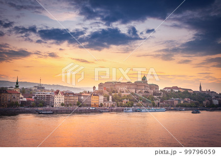 Above Budapest and Danube river cityscape at evening , Hungary 99796059