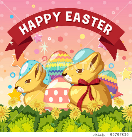 Happy Easter Day Poster Design with Bunny and Colourful eggs Happy Easter Day Poster Design with Bunny and Colourful eggs 99797336