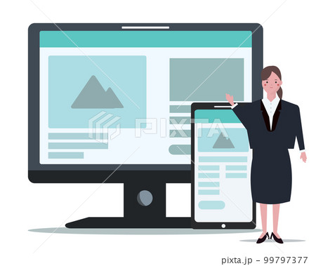 webサイトを構築するデザイナーの女性。ホームページ制作 エンジニア ベクターイラスト 99797377
