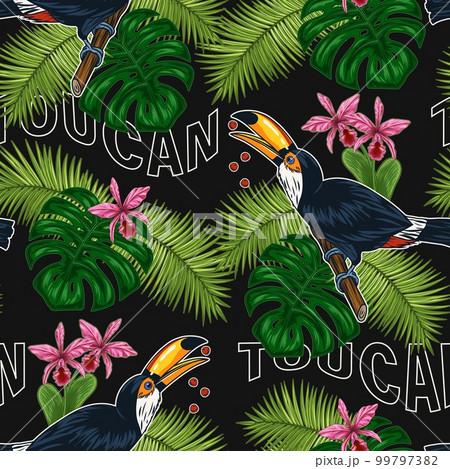 Pattern with toucan bird, tropical foliage, orchid, text. Bird sitting on tree branch and eating seeds. Illustration on black background in vintage style for prints, clothing, hawaiian t shirt design 99797382