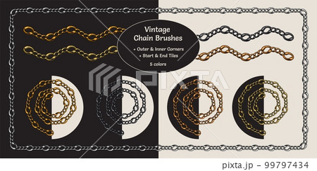 Metallic chain pattern brushes with corners, end and start tiles in vintage style. Gold, silver, bronze, brass and black versions. Isolated on white and black background. Metallic chain pattern brushes with corners, end and start tiles in vintage style. Gold, silver, bronze, brass and black versions. Isolated on white and black background. 99797434