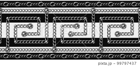 Monochrome greek pattern border with silver chains Monochrome greek pattern border with silver chains 99797437