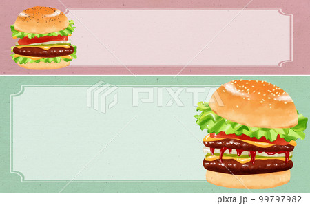 ハンバーガー2種 フレーム有 横長バナー ビンテージ背景ピンク・グリーン イラスト素材 差分あり 99797982