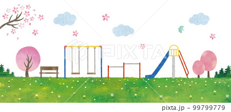 桜と芝生の公園水彩画 99799779