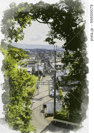 水彩画風 壺井八幡宮から壺井集落を望む 大阪府羽曳野市 水彩画風 壺井八幡宮から壺井集落を望む 大阪府羽曳野市 99800079