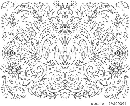 Mexican flower traditional pattern background in coloring style. Ethnic embroidery decoration ornament. Flower symmetry texture. Festive mexican floral motif. Vector illustration 99800091