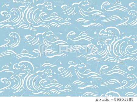 筆の手描きの波と和紙の和柄青 筆の手描きの波と和紙の和柄青 99801289