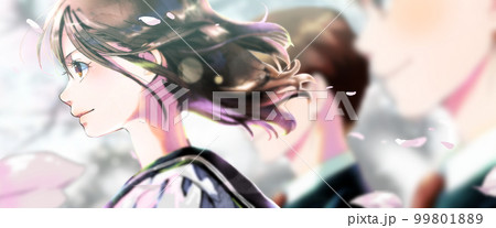 横顔の学生達のカラーイラスト　背景桜 99801889