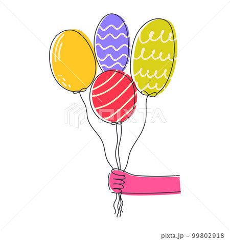Hand drawn bunch of ballons. Balloons in hand, flat illustration. Vector illustration of happy birthday on a white background 99802918