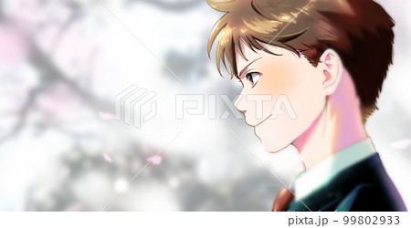横顔の男子学生または社会人イラストのカラー、背景桜、左スペースあり 横顔の男子学生または社会人イラストのカラー、背景桜、左スペースあり 99802933