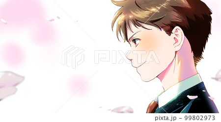 横顔の男子学生または社会人イラストのカラー、背景少し桜、左スペースあり  99802973