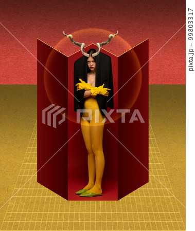 Surreal contemporary artwork of young mysterious girl. Concept of mysticism, mystery, underworld, dreams and imagination. Surrealism Surreal contemporary artwork of young mysterious girl. Concept of mysticism, mystery, underworld, dreams and imagination. Surrealism 99803317