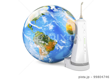 Dental oral irrigator with Earth Globe, 3D rendering 99804746