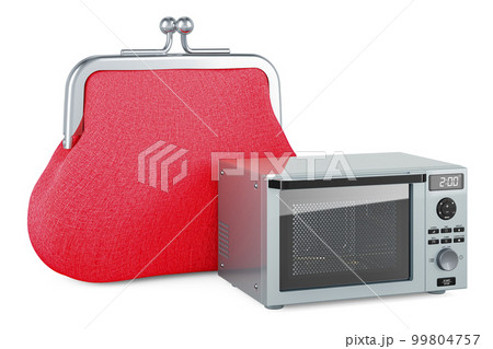 Microwave oven with purse coin, 3D rendering Microwave oven with purse coin, 3D rendering 99804757
