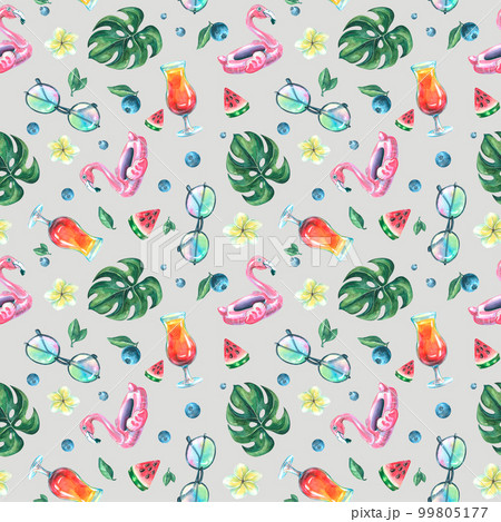 Tropical cocktails, monstera leaves, inflatable pink flamingo, watermelon slices, blueberries, plumeria flowers and sunglasses. Watercolor illustration. Seamless pattern from the BEACH BAR collection 99805177
