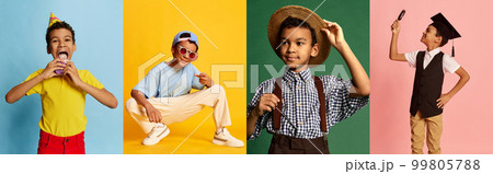 Collage made of portraits of emotional little african boy in different fashion style clothes over colored backgrounds. Concept of happiness, kids emotions Collage made of portraits of emotional little african boy in different fashion style clothes over colored backgrounds. Concept of happiness, kids emotions 99805788