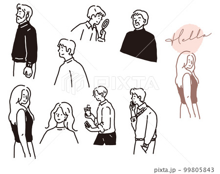 白黒、モノトーン、線画のイラスト(手書き、オシャレ、雑誌、ファッション、可愛い、人物、女の子) 99805843