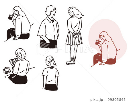 白黒、モノトーン、線画のイラスト(手書き、オシャレ、雑誌、ファッション、可愛い、人物、女の子) 99805845
