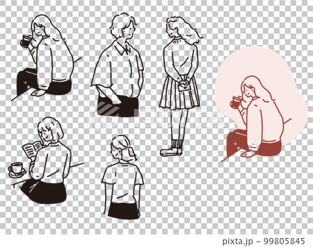 黑白、單調、線描插圖（手寫、時尚、雜誌、時尚、可愛、人、女孩） 99805845