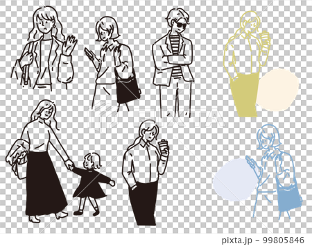 白黒、モノトーン、線画のイラスト(手書き、オシャレ、雑誌、ファッション、可愛い、人物、女の子) 99805846