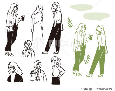 白黒、モノトーン、線画のイラスト(手書き、オシャレ、雑誌、ファッション、可愛い、人物、女の子) 白黒、モノトーン、線画のイラスト(手書き、オシャレ、雑誌、ファッション、可愛い、人物、女の子) 99805849