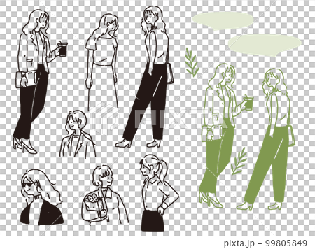 白黒、モノトーン、線画のイラスト(手書き、オシャレ、雑誌、ファッション、可愛い、人物、女の子) 白黒、モノトーン、線画のイラスト(手書き、オシャレ、雑誌、ファッション、可愛い、人物、女の子) 99805849