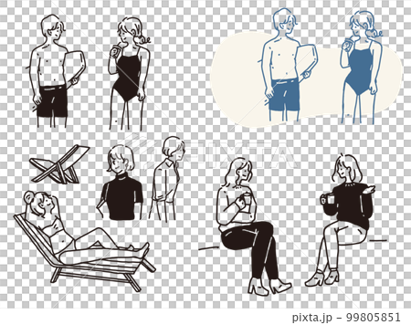 Black and white, monotone, line drawing illustration (handwriting, fashionable, magazine, fashion, cute, person, girl, summer) 99805851