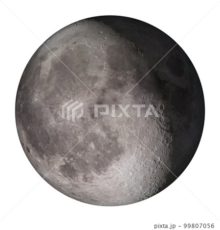 Moon with volumetric craters and shadow isolated on white background. Elements of this image furnished by NASA. 99807056