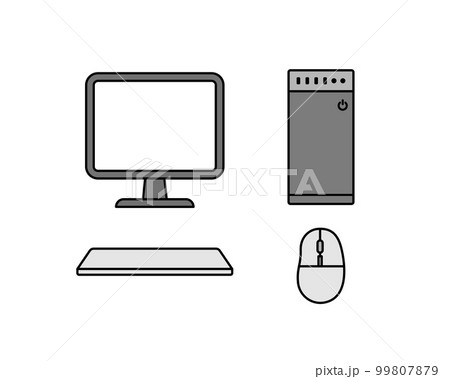 パソコン、キーボード、マウス、PCのイラスト・アイコンのセット　シンプル　ビジネス　コンピューター 99807879
