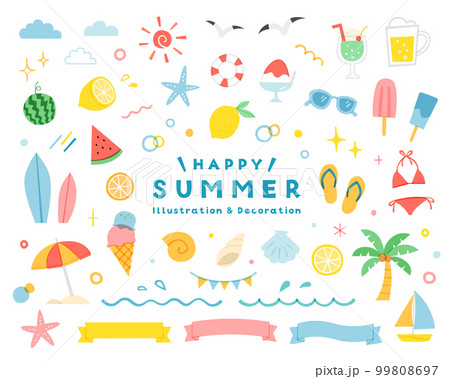 夏・海のシンプルなイラストセット　飾り　装飾　ビーチ　夏休み　リボン　旅行　南国　海水浴　8月　真夏 99808697