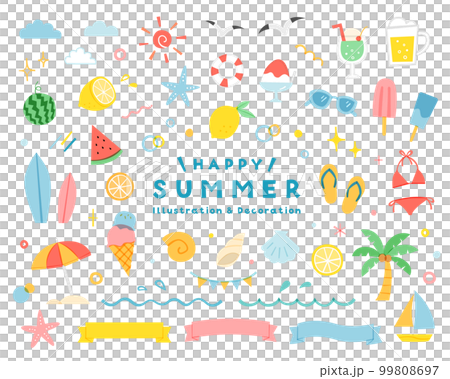 夏・海のシンプルなイラストセット　飾り　装飾　ビーチ　夏休み　リボン　旅行　南国　海水浴　8月　真夏 99808697