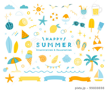 夏・海のシンプルなイラストセット 飾り 装飾 ビーチ 夏休み リボン 旅行 南国 海水浴 8月 真夏 夏・海のシンプルなイラストセット 飾り 装飾 ビーチ 夏休み リボン 旅行 南国 海水浴 8月 真夏 99808698