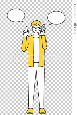 電話をしながら指さしをするカジュアルな格好をした若い男性 電話をしながら指さしをするカジュアルな格好をした若い男性 99808873