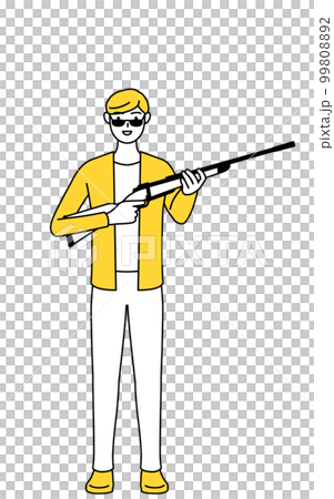 サングラスをかけてライフル銃を持つカジュアルな格好をした若い男性 99808892