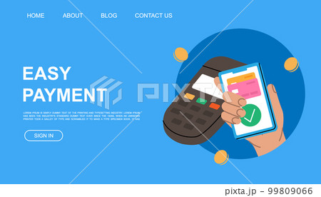 NFC payment website template. Smartphone payment with POS terminal. Mobile banking app and e-payment illustration for landing page, advertising page. NFC payment website template. Smartphone payment with POS terminal. Mobile banking app and e-payment illustration for landing page, advertising page. 99809066