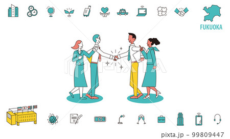 日本の福岡で行われる国際会議に訪れるビジネスマンとアイコンのセット 99809447