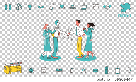 日本の福岡で行われる国際会議に訪れるビジネスマンとアイコンのセット 99809447
