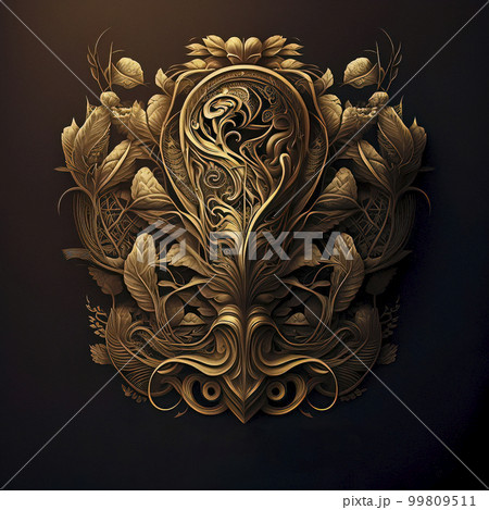 An Intricately Designed Golden Floral Ornament on Dark Background An Intricately Designed Golden Floral Ornament on Dark Background 99809511