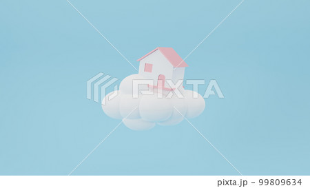 Dream house on the clouds isolated on blue background. The concept of buying a dream home. Purchase of real estate, real estate loan. 3d rendering. Dream house on the clouds isolated on blue background. The concept of buying a dream home. Purchase of real estate, real estate loan. 3d rendering. 99809634